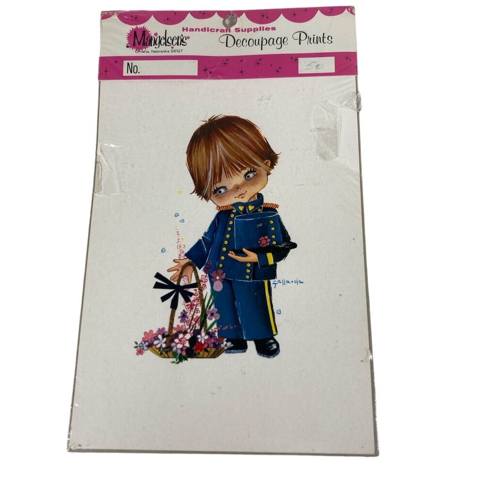 Vintage 60's Gallarda Decoupage Print Big Eyed Boy in Blue Soldier Uniform NOS